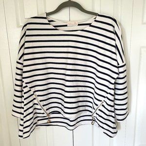 Navy Stripe Drop-Shoulder 3/4-Sleeve Zipper Top